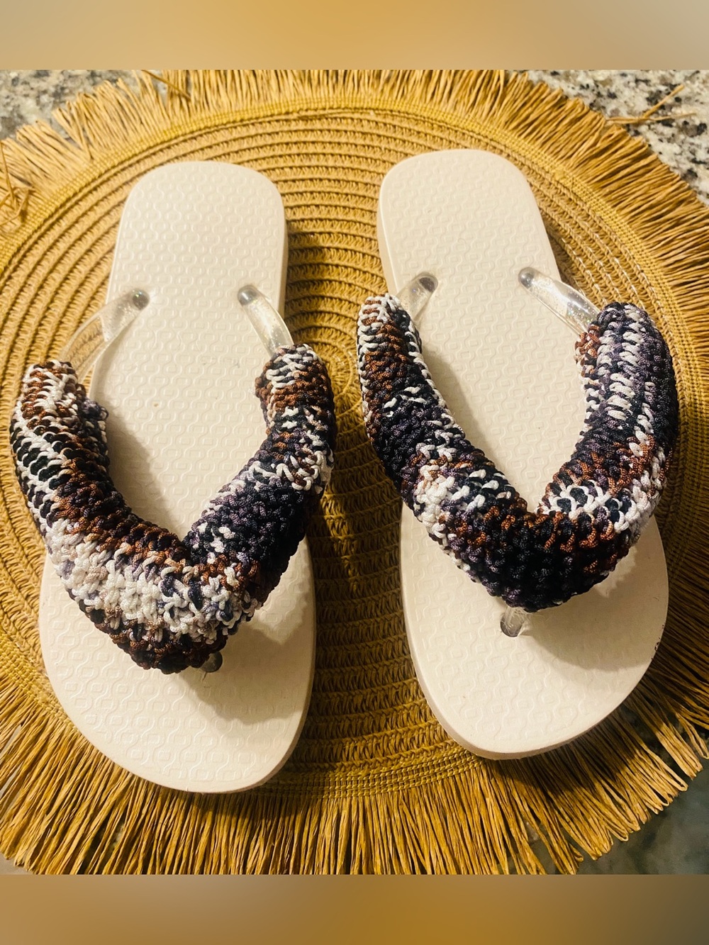 Crochet Strap Flip Flops - Cream Base with Black, Brown & White Straps
